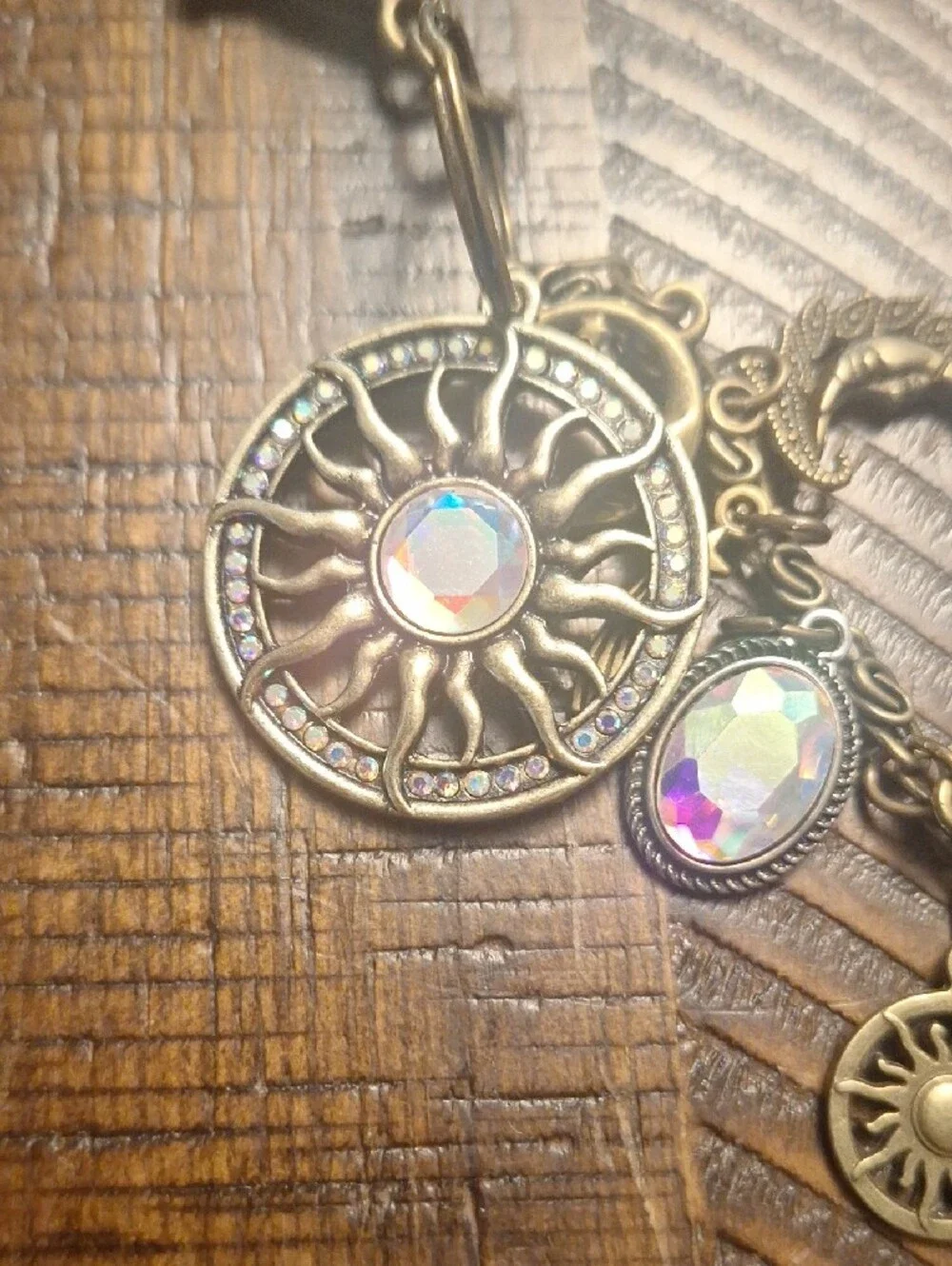 Bronze Celestial Sun & Moon Charm Keychain Bag Charm with Iridescent Crystals